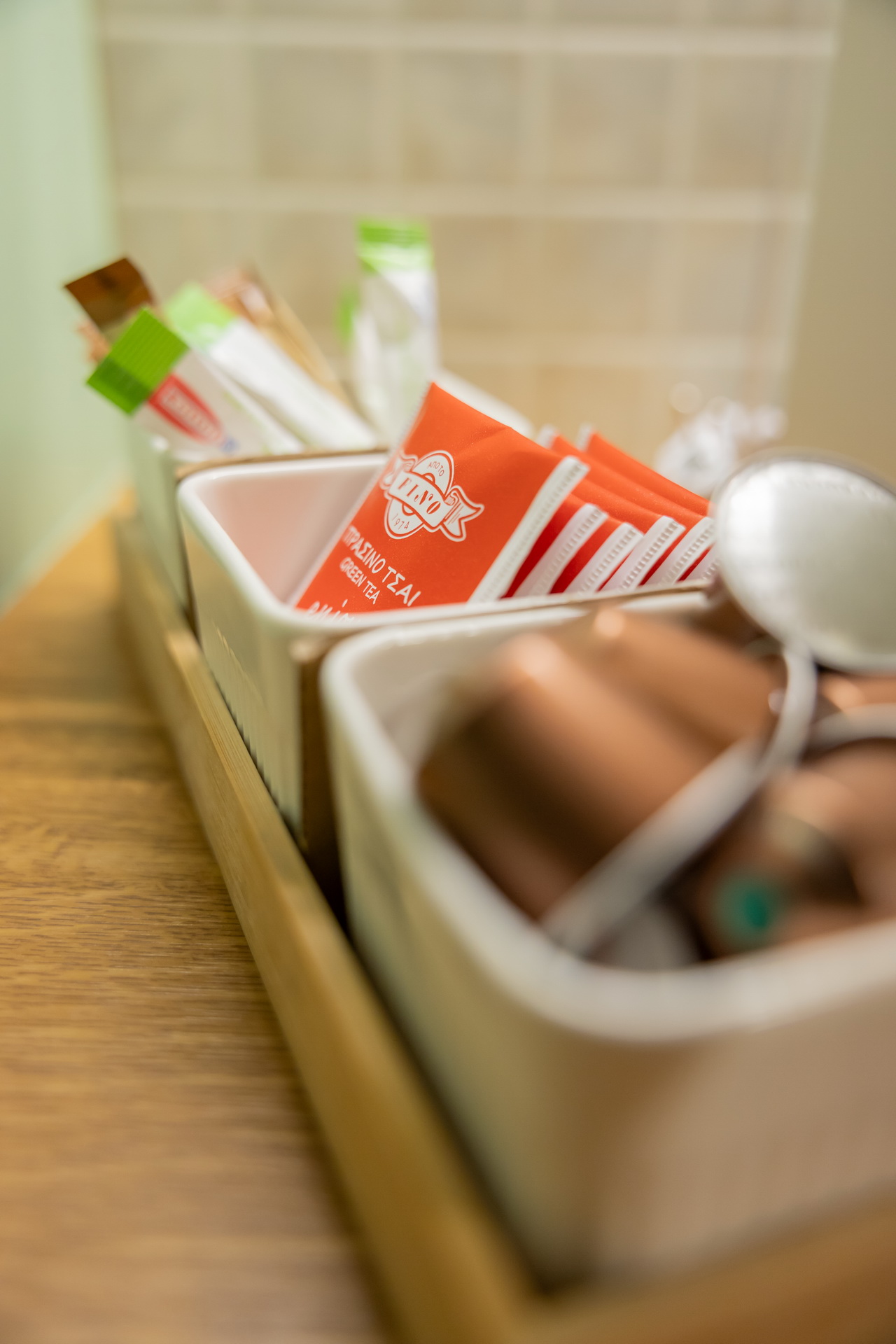 Welcome tray with tea, coffee capsules and sugar