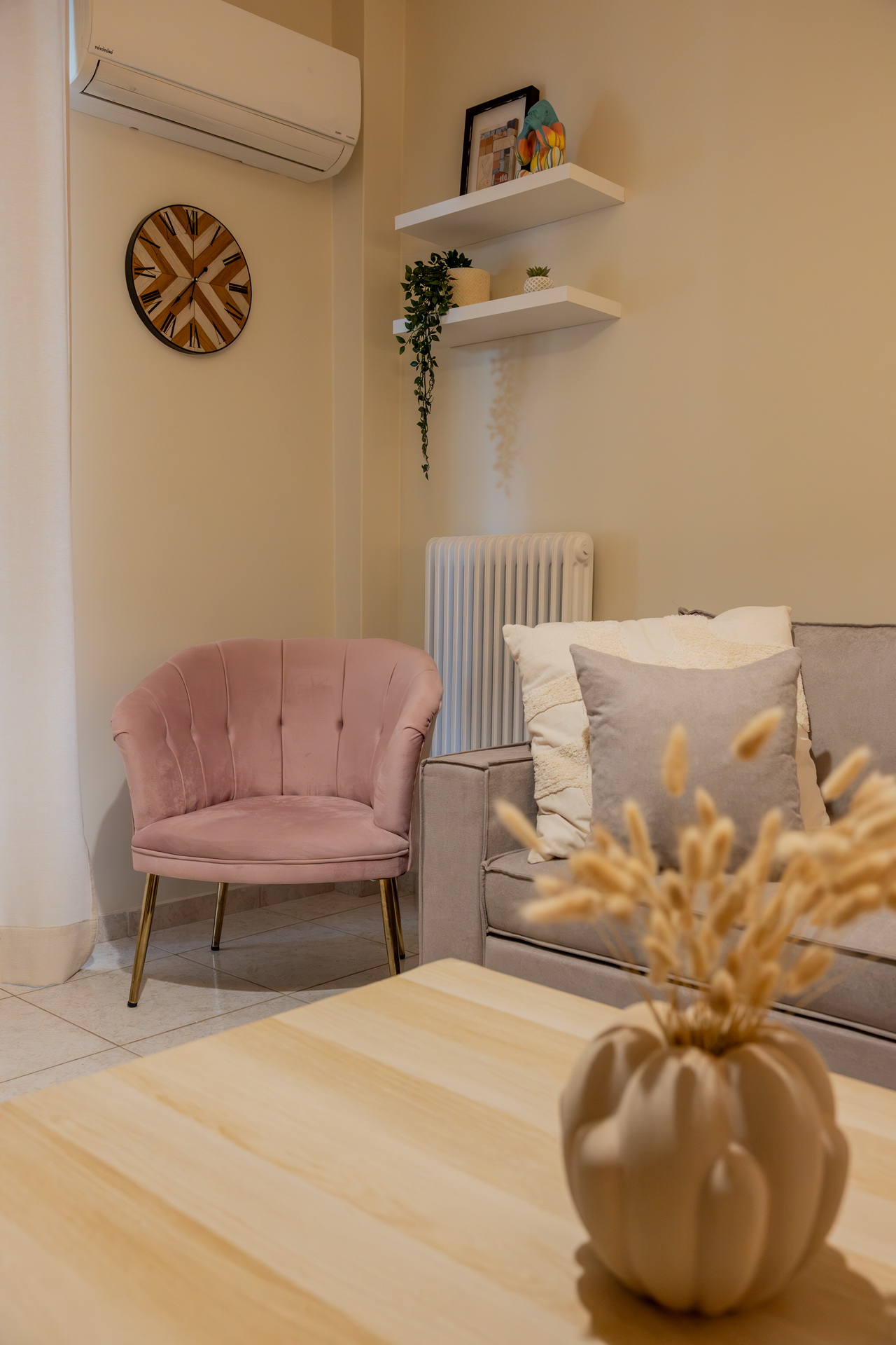 Living room corner with pink armchair and shelves